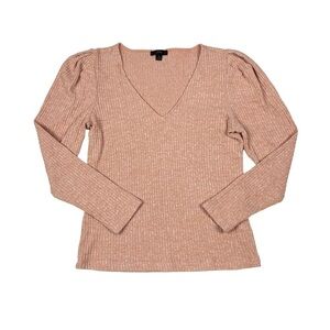 J. Crew Pink Soft Ribbed Knit Long Puff Sleeve V-Neck Top